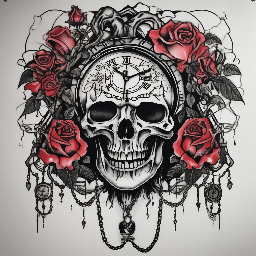 tattoo fool sleeve, tree roots break out of the chains, broken mask, clock with flying numbers, girl and skull, roses english dragon tattoo, diseño de tatuaje Blackwork generado con IA